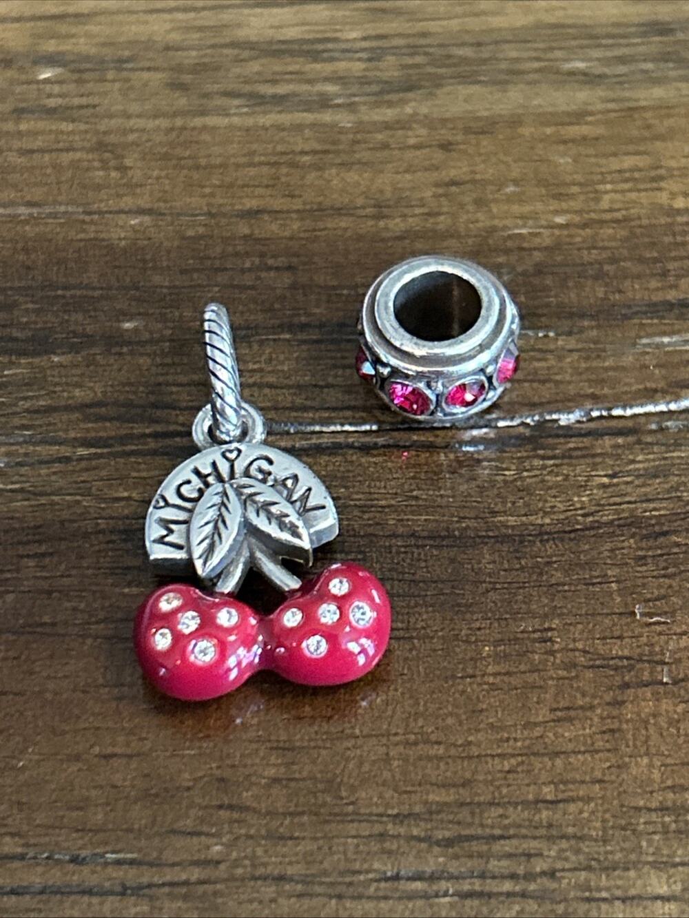 Brighton Michigan Cherries Slide Charm Red Rhinestone Spacer Bead Set